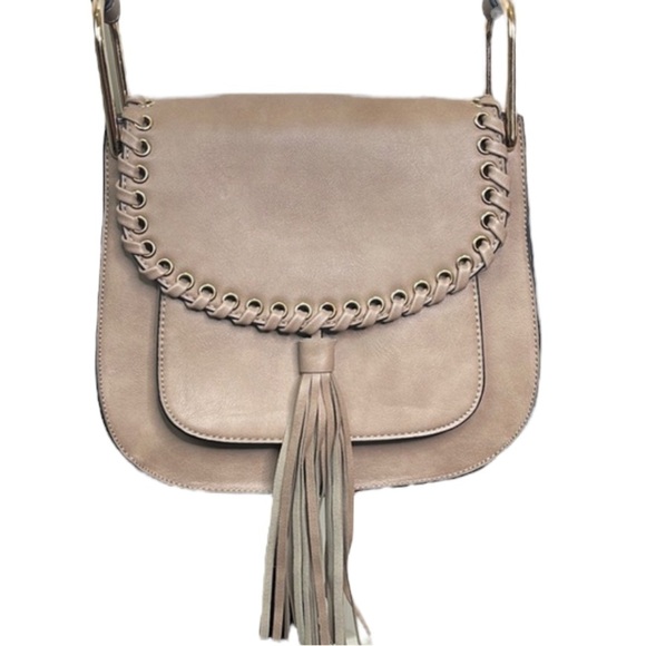 Braided Tassel Taupe Crossbody Saddle Bag - Picture 1 of 17